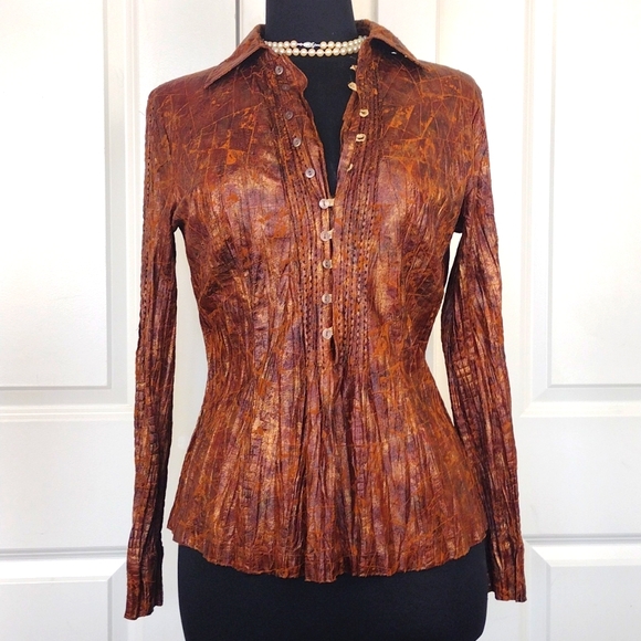 Shiny brown, fitted, crinkled long sleeve,  blouse - Picture 1 of 6